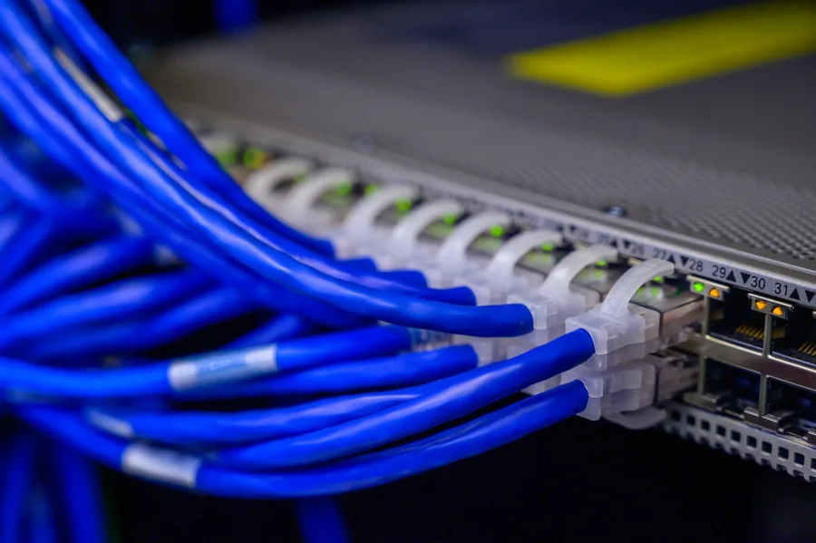 Ağ switch cihazına takılı mavi ethernet kabloları